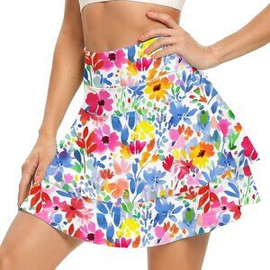 Colorful Layered Flowered Skort (Skirt with Shorts) w/ 2 Pockets